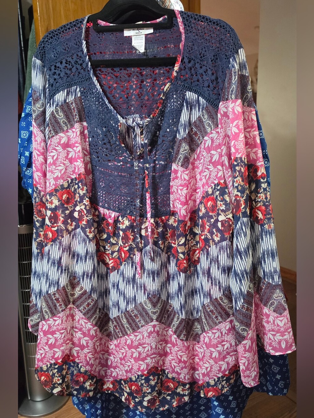 MOA MOA Crepe Patchwork Peasant Top in Navy and Pink